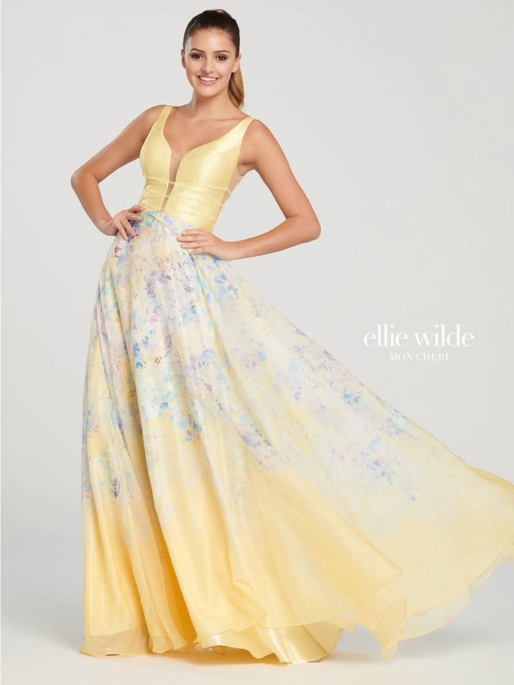 ellie wilde Yellow Floral A-Line Prom Gown